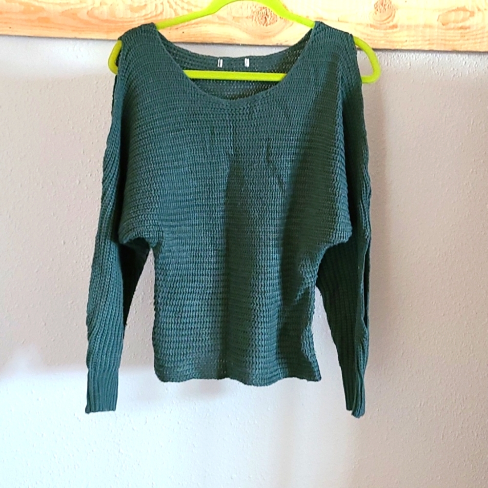 Cold shouldered emerald green knit sweater